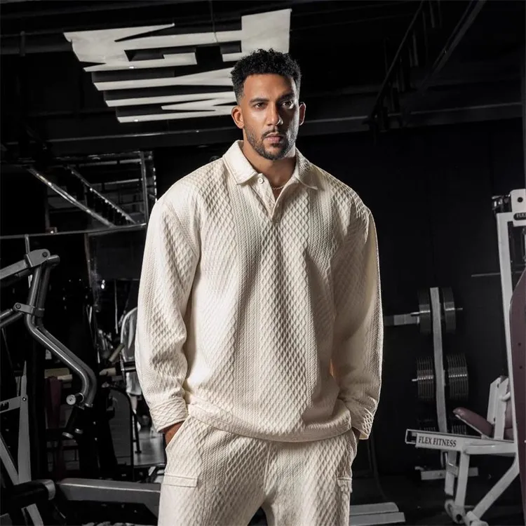 美式肌理感polo衫翻领卫衣男春秋季运动大码宽松痞帅纯色长袖上衣