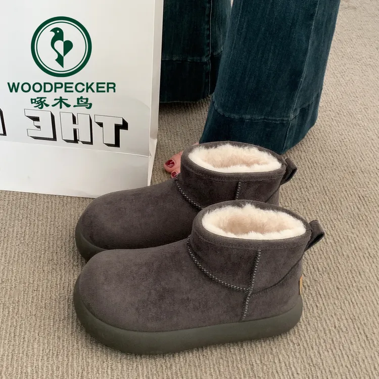 啄木鸟灰色厚底雪地靴女2025新款冬季加绒低帮棉鞋保暖一脚蹬棉靴