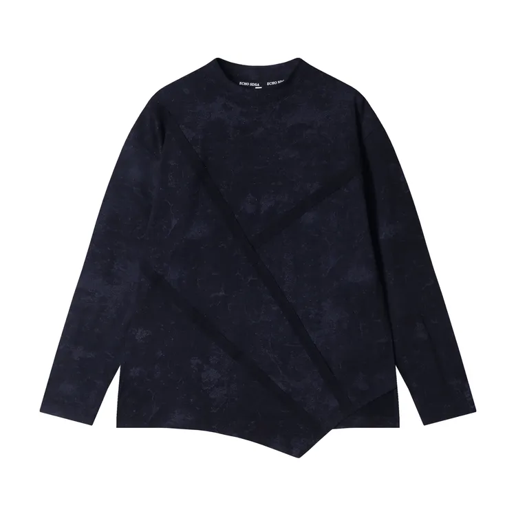 早春新款时尚个性不规则扎染裁剪圆领长袖T恤小众设计百搭上衣