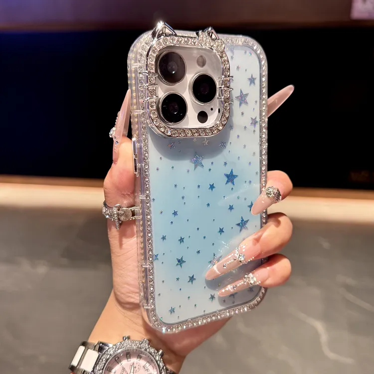 亮晶晶闪钻猫耳镜圈苹果16promax手机壳15晕染爱心iPhone14个性