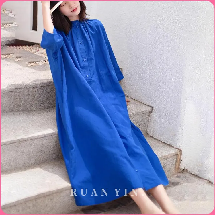RUAN YIN新款亚麻优雅长裙女克莱因蓝春夏文艺宽松微胖气质连衣裙