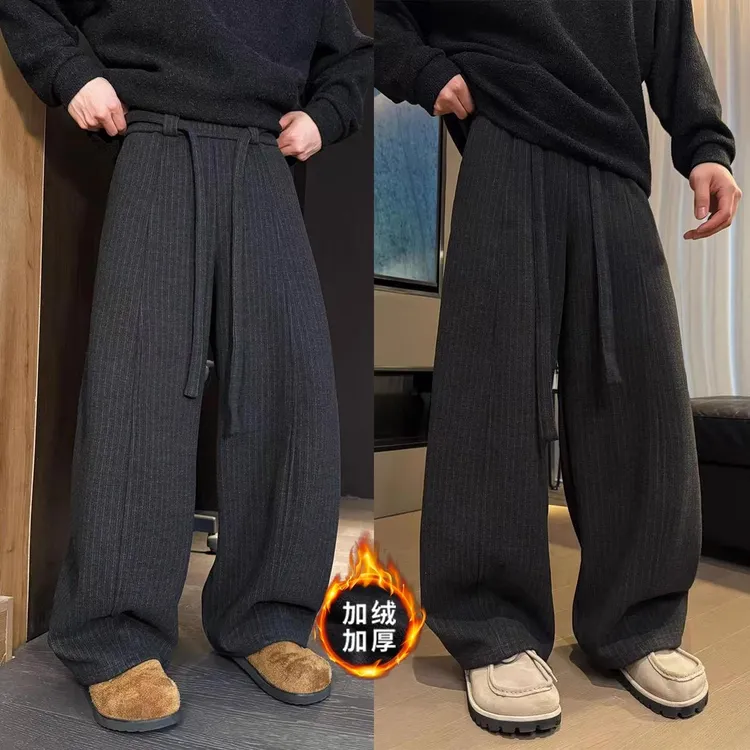 2025秋冬设计师款飘带抽绳竖条纹加绒休闲裤男潮牌百搭弯刀阔腿裤