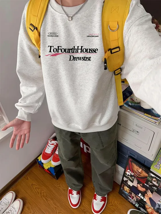 花灰色圆领卫衣男美式潮牌秋冬上衣内搭秋衣加绒加厚保暖长袖外套