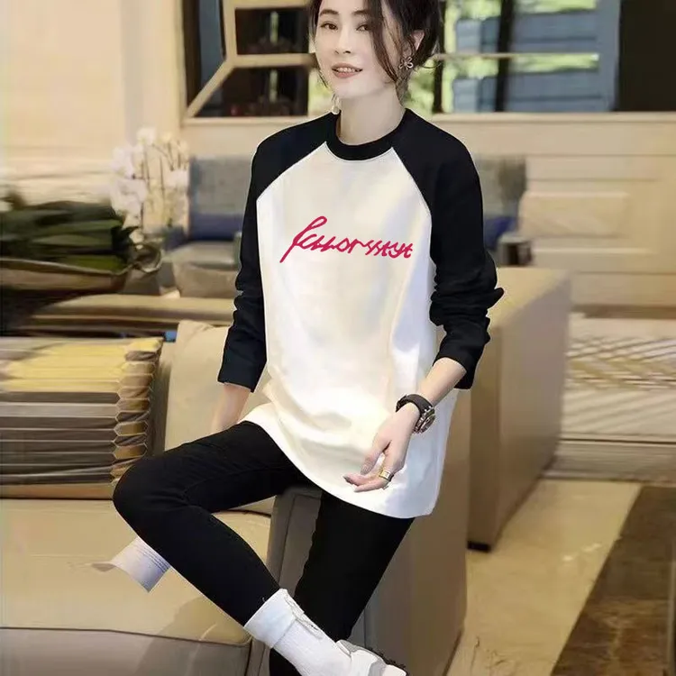 插肩拼接小个子长袖t恤女中长款纯棉秋冬新款内搭撞色打底衫上衣