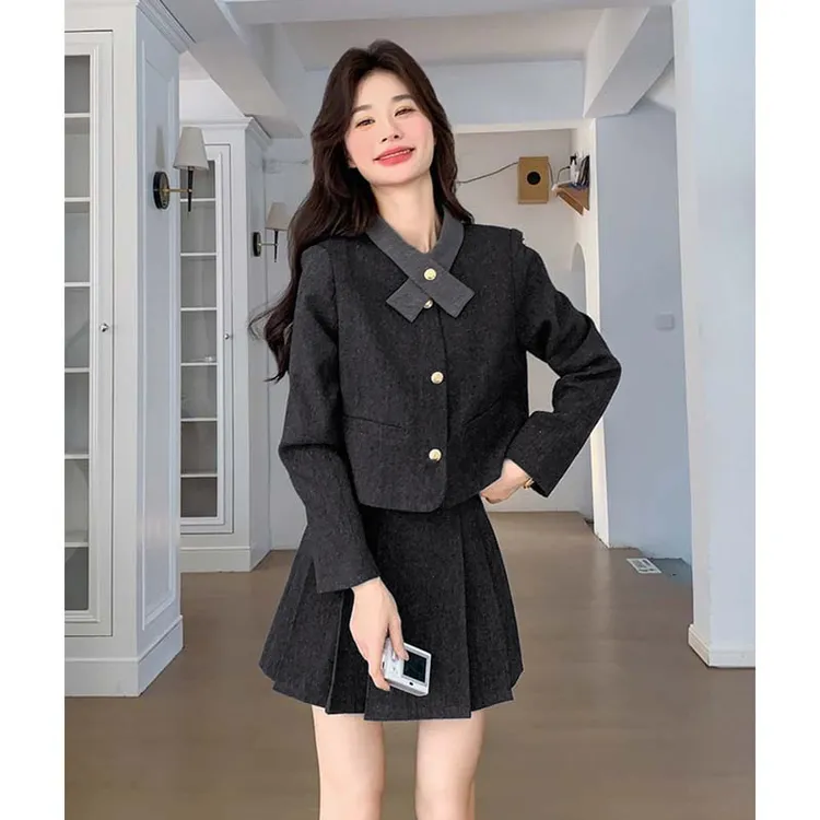 【两件套】【有里布】百褶短裙套装春秋小个子ootd穿搭JT0023