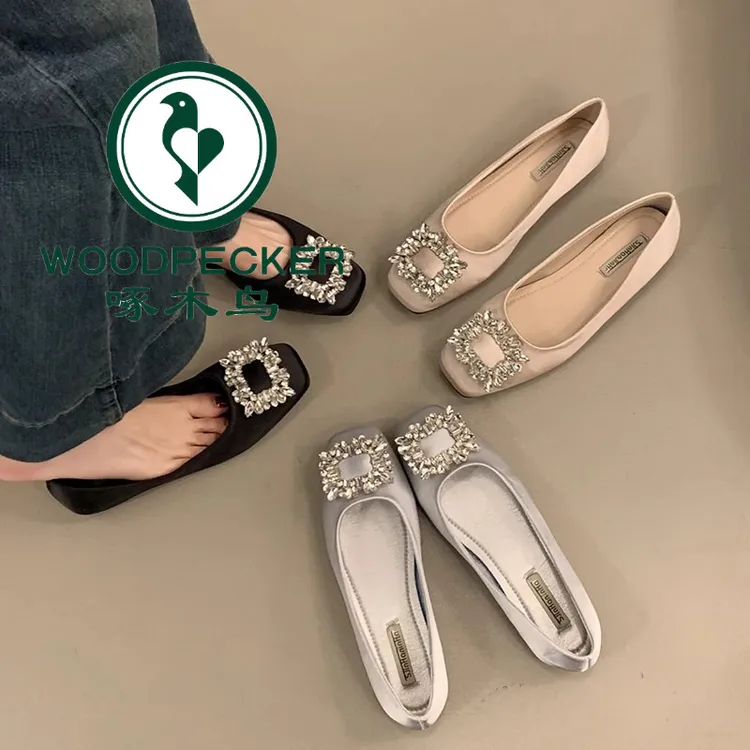 啄木鸟法式温柔仙女风平底鞋2025新款浅口水钻晚晚方头气质单鞋女