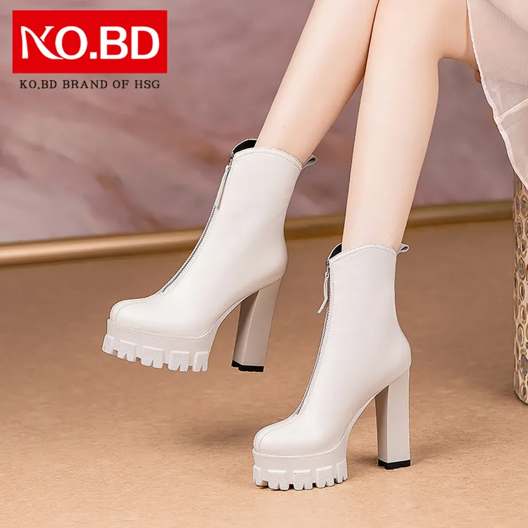 柯百蒂全牛皮厚底骑士靴女12cm超高跟洋气小短靴真皮时装女靴F147