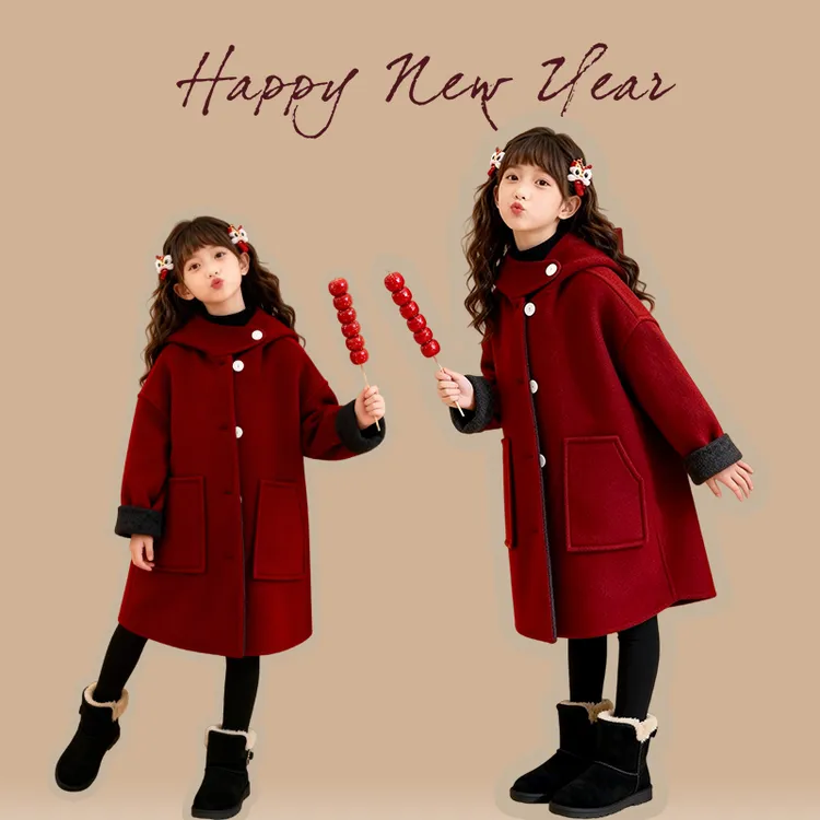 两面穿呢大衣冬季女童中大童儿童洋气女孩毛呢中长款加厚新年服