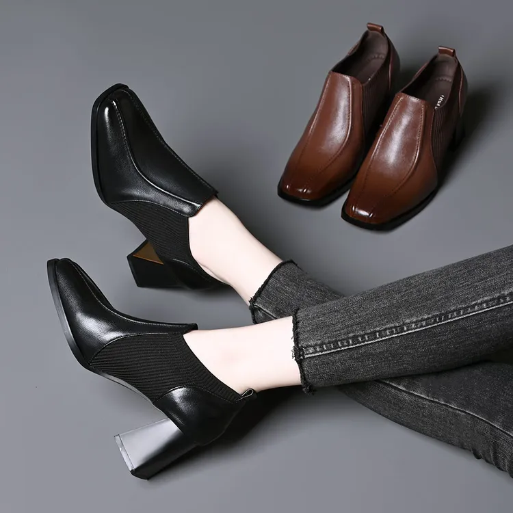 头层牛皮方头针织拼接深口单鞋女春秋新款百搭舒适一脚蹬高跟皮鞋