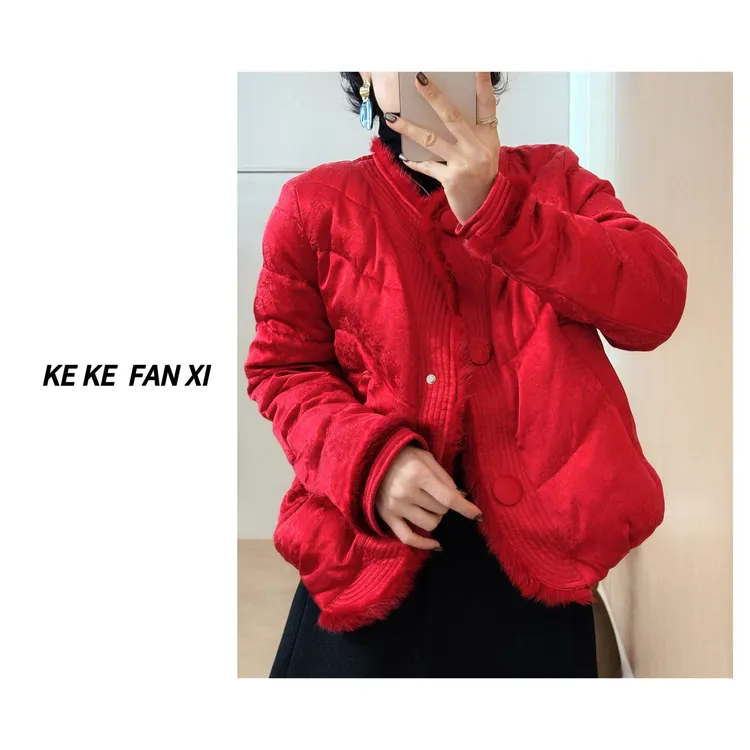 3233毛领边短款羽绒服时尚百搭复古纯色保暖秋冬国风