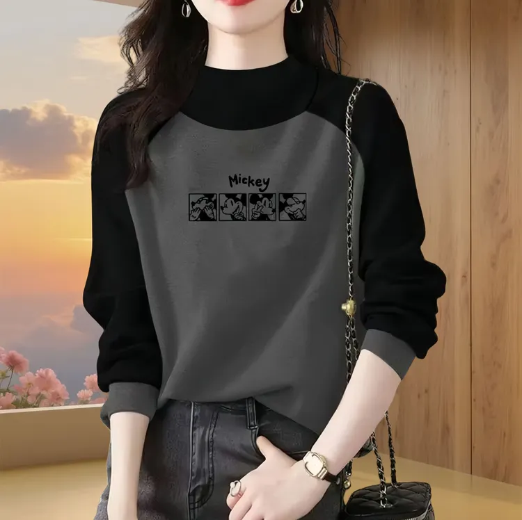 德绒正肩拼色长袖t恤女2025秋冬季时尚宽松百搭半高领上衣打底衫