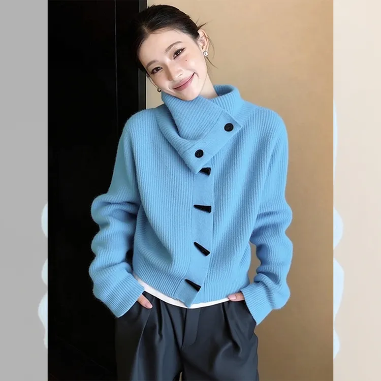 独特漂亮小衫休闲外穿蓝色牛角扣毛衣女秋冬洋气高贵针织开衫外套