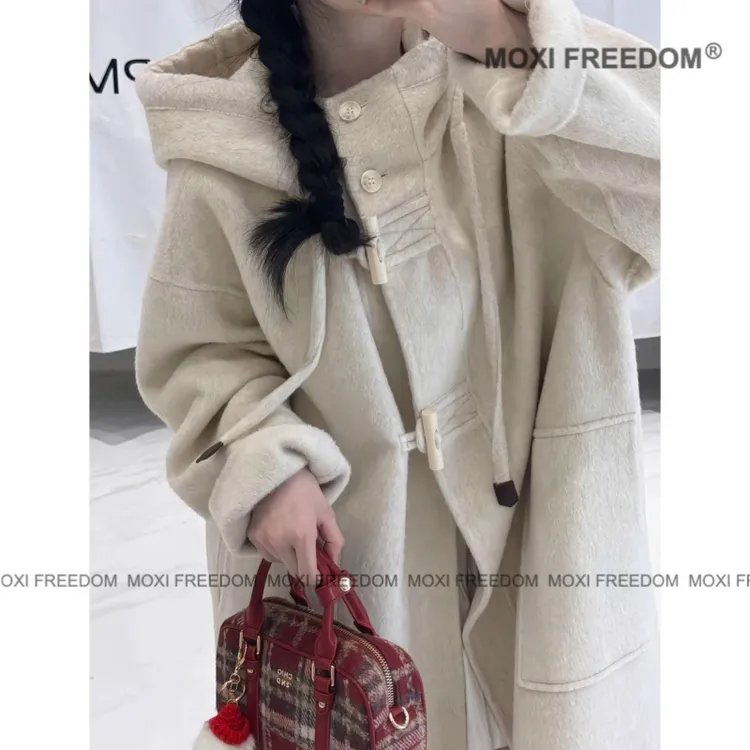 【北岛雪山】高品质秋冬款宽松立领中长款双面羊毛呢外套牛角扣大衣