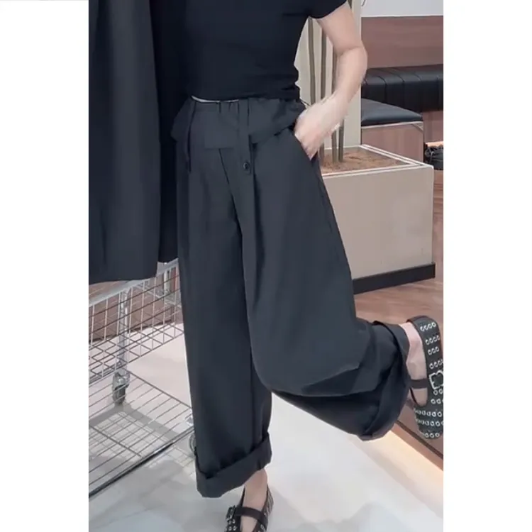 艾塔莉时尚高腰休闲裤小众女装气质拼接花边腰设计宽松显瘦阔腿裤