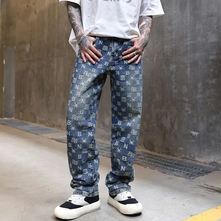 男款爆款2025新款夏季美式潮牌宽松直筒字母提花怀旧水洗牛子裤