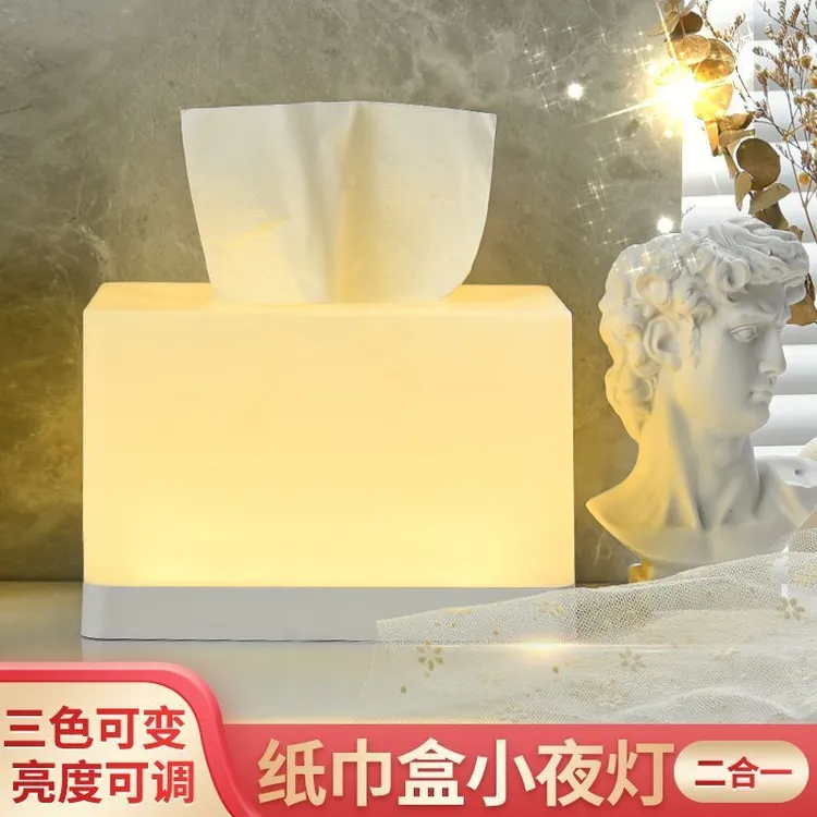 创意LED夜灯多色可调床头纸巾盒露营氛围灯新中式风格卧室用可充
