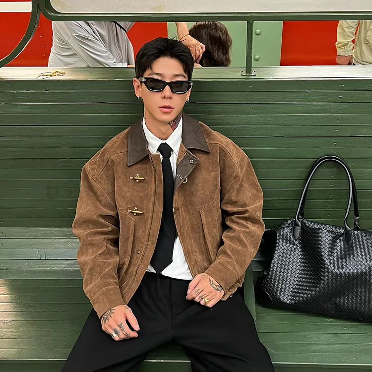 OXFREAK「巴恩风 飞机扣」棕色麂皮绒工装夹克男短款宽松翻领外套