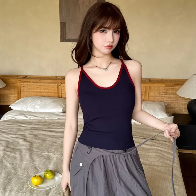 秋冬新款港风U领撞色螺纹吊带背心带胸垫美背显瘦内搭工字上衣