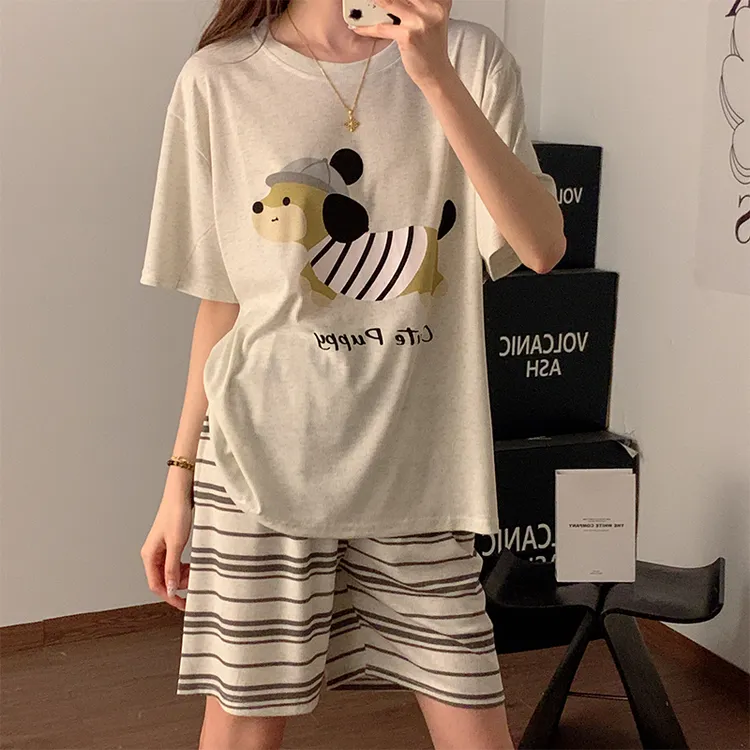 韩系ins风睡衣女夏季莫代尔休闲可爱小狗短袖短裤学生家居服套装