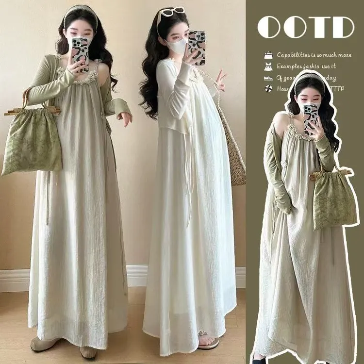 孕妇装夏季连衣裙2025新款孕妈穿搭大码吊带裙套装时尚洋气时髦