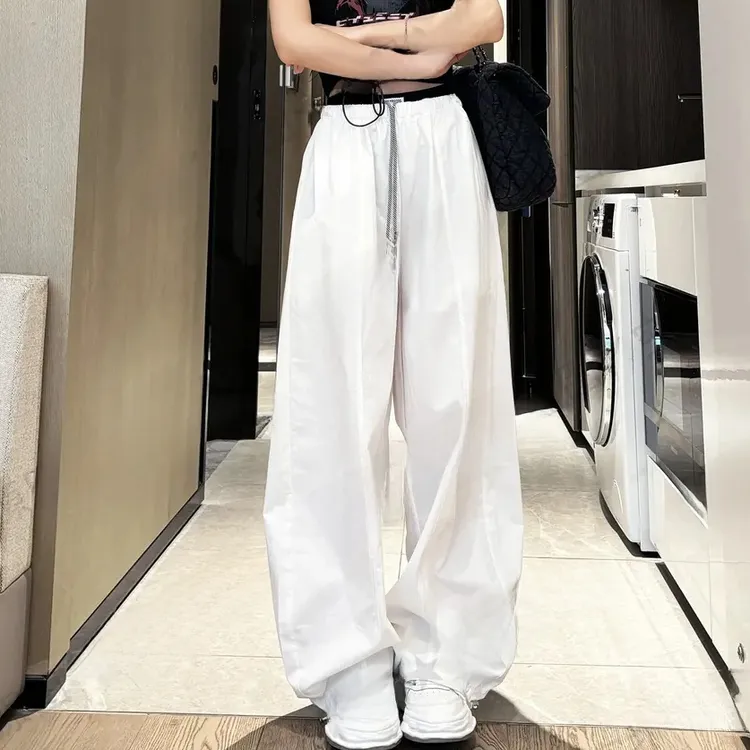 春夏款高腰抽绳弯刀气球裤拼色腰头显瘦阔腿休闲裤时尚百搭长裤子