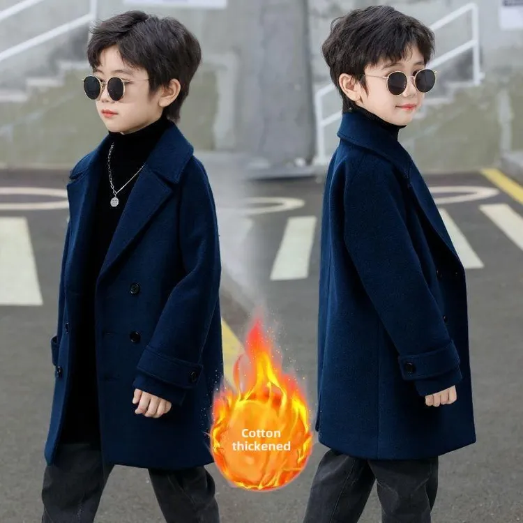 男童韩版加厚呢子大衣儿童秋冬季新款双排扣中长款毛呢大风衣外套