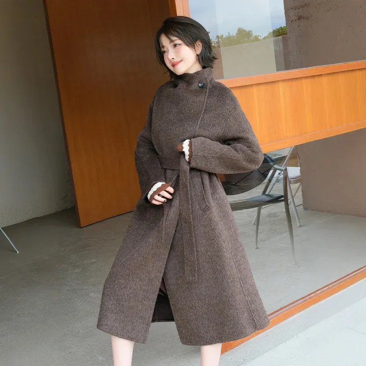 MIUCO双面呢大衣女立领收腰中长款毛呢外套