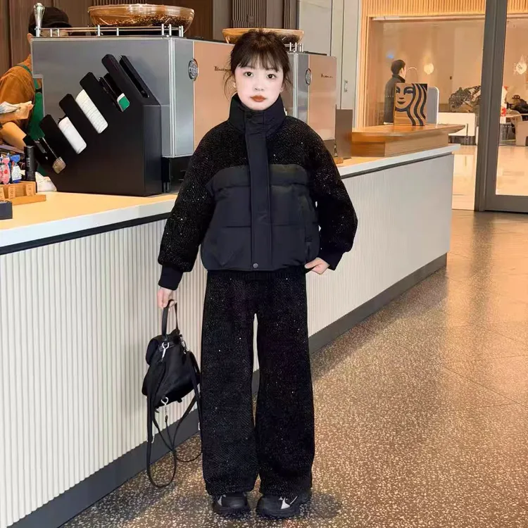 女童冬季棉衣套装满天星新款短款中大童拼接棉服秋冬时髦两件套潮