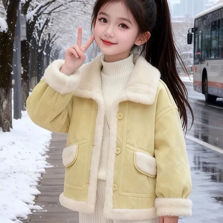 女童皮毛一体棉服冬季儿童加绒保暖外套韩版翻领棉袄童装毛毛衣