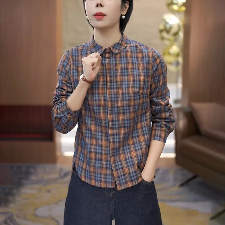 格子复古长袖衬衫女2025秋季轻奢高级感宽松显瘦洋气减龄内搭上衣