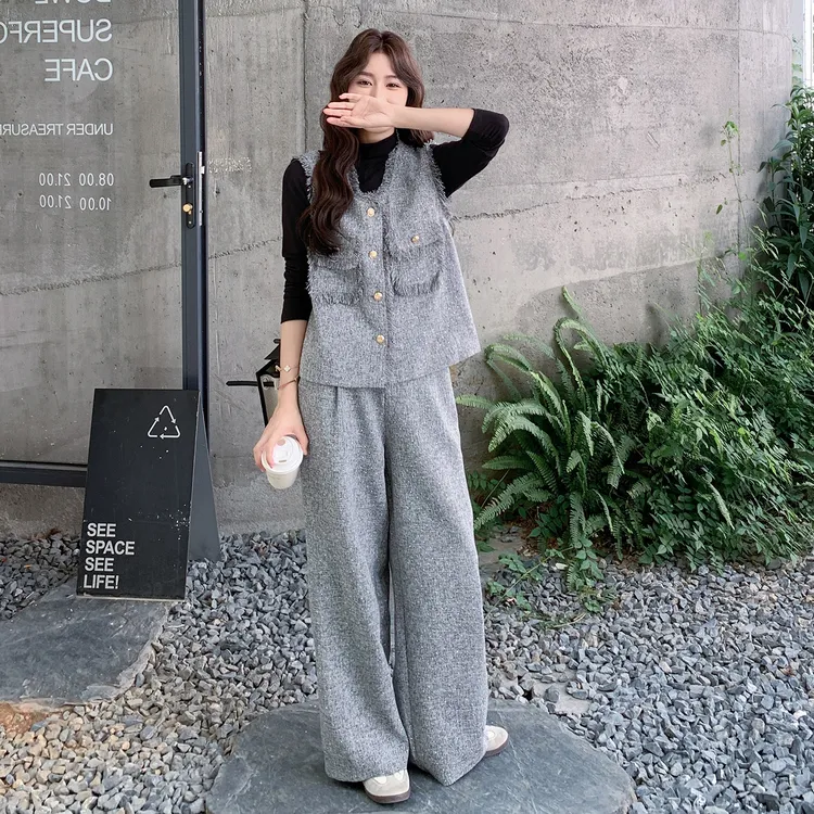 灰色高级感小香风三件套女2025秋新款流苏气质马甲内搭阔腿裤套装