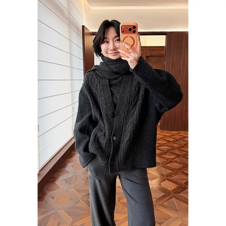 HERLAND她地【阁楼】时尚设计休闲百搭针织女士中长款加厚灰色大衣