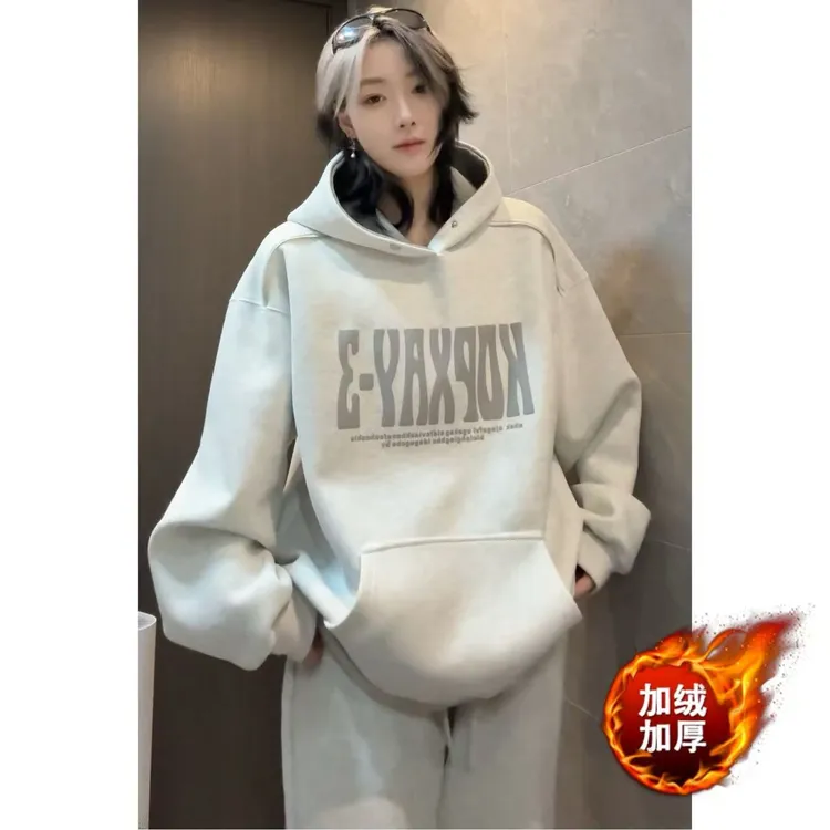 秋冬韩版宽松加绒加厚连帽卫衣男百搭发泡印花套头外套慵懒风上衣