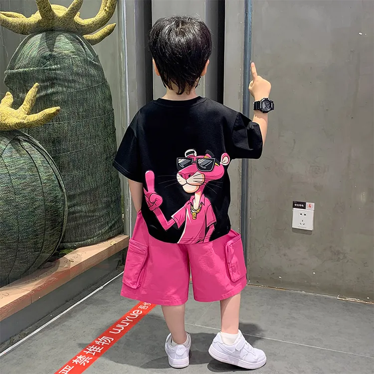 男童夏装套装2025款夏季儿童粉红豹卡通印花短袖T恤短裤两件套潮