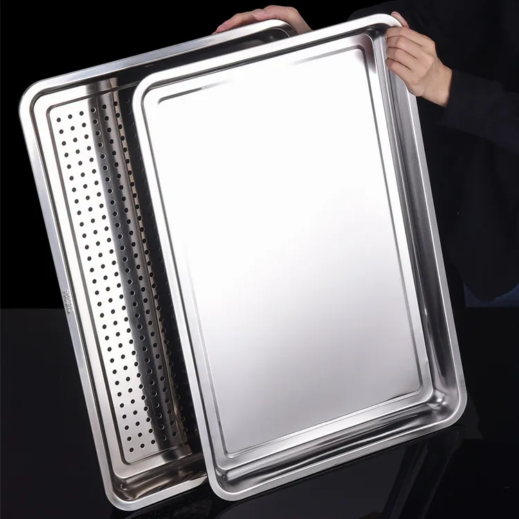 产地304加厚不锈钢方盘6040食堂蒸箱蒸饭盘蒸柜蒸包有孔托盘
