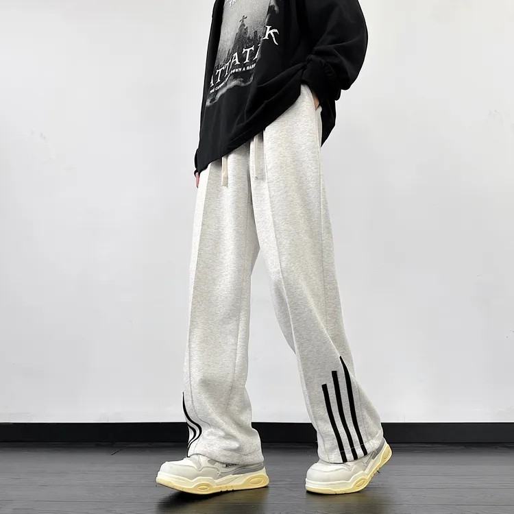 三条杠条纹卫裤男25款夏季新款美式潮流阔腿休闲裤宽松运动直筒裤