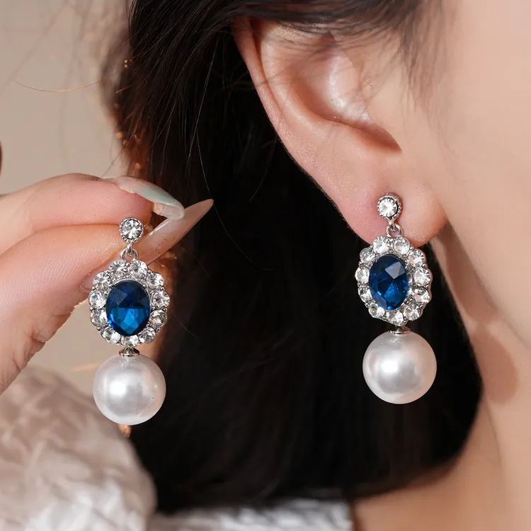 铜合金仿珍珠耳饰 欧美风气质轻奢蓝色满钻镶嵌珍珠耳钉小众百搭