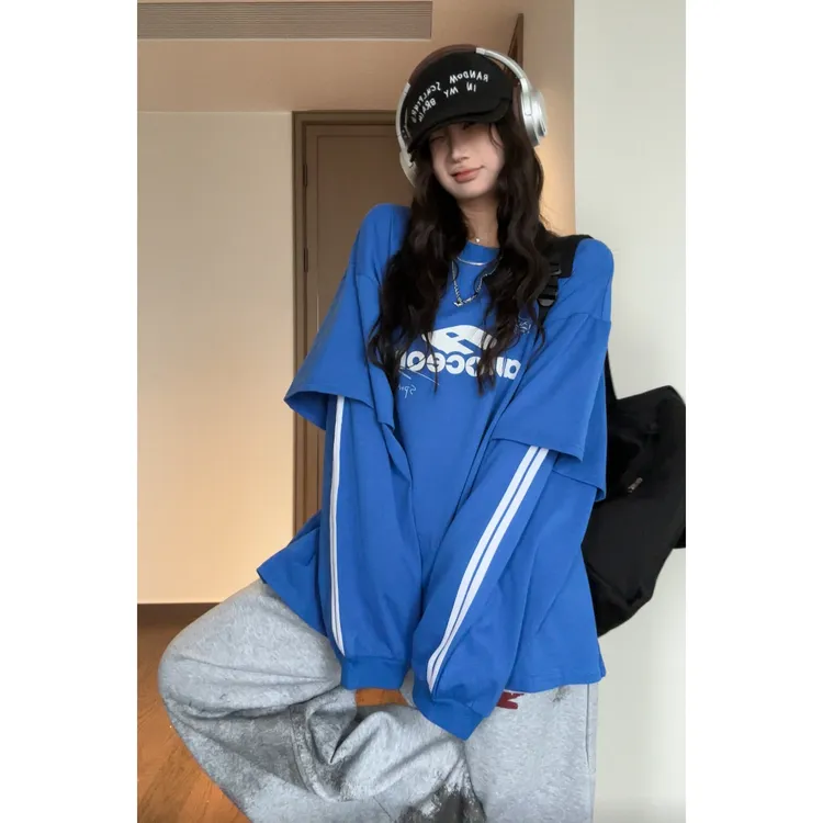 克莱因蓝时尚印花假两件长袖卫衣女秋季韩版宽松女生韩系ins衣服