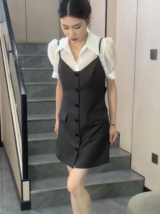 时尚套装女2025夏新款气质泡泡袖衬衫蝴蝶结背带裙两件套显瘦穿搭