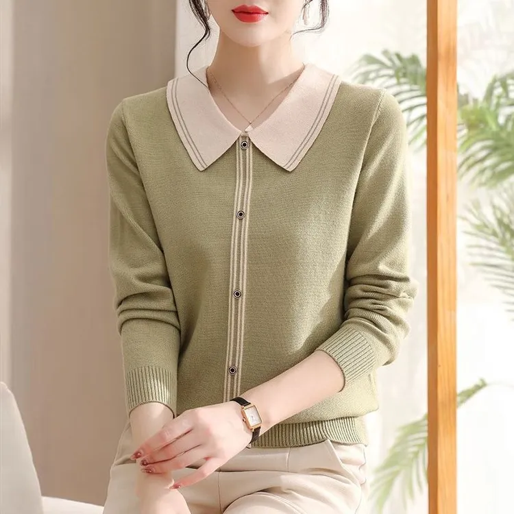 中年妈妈秋装针织衫2025春秋季洋气长袖上衣翻领毛衣女薄款打底衫