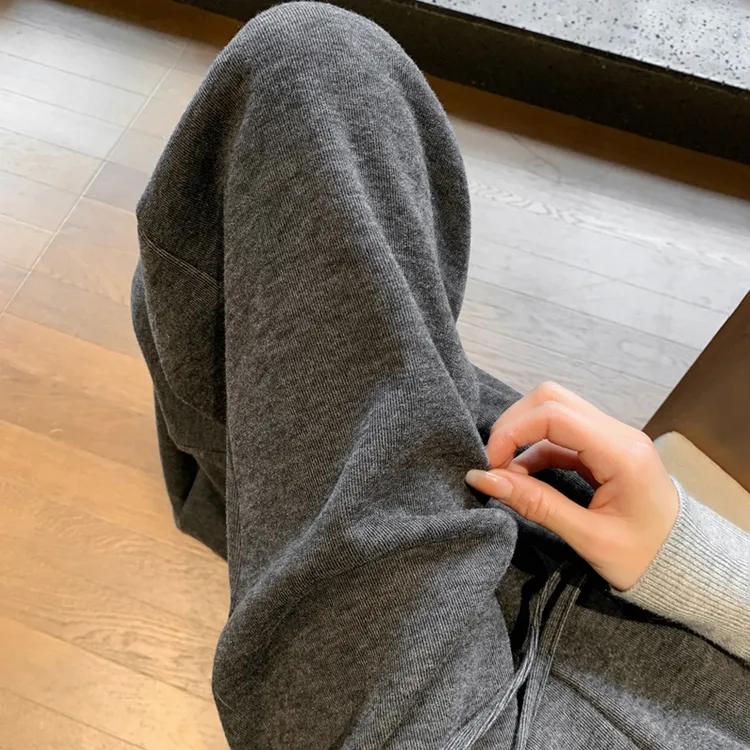 灰色糯米阔腿裤女秋冬季加绒高腰垂感窄版直筒小个子山本休闲裤子