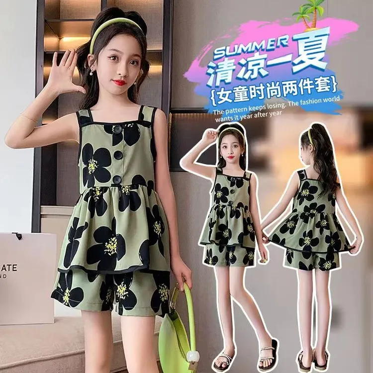 常规牡丹花时髦夏季休闲风套装儿童时尚网红童装女薄款吊带裙套装