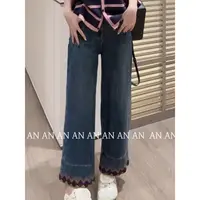 C09170复古气质小个子宽松设计感裤脚刺绣直筒阔腿牛仔裤
