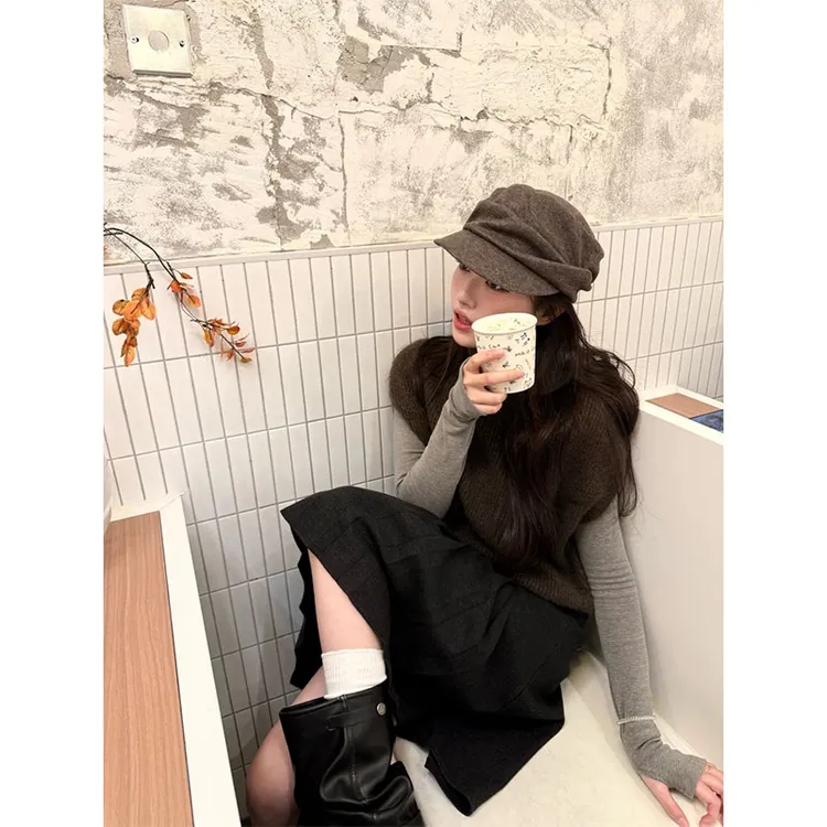 秋季时尚复古风修身显瘦内搭时尚无袖上衣气质高腰a字半身裙套装