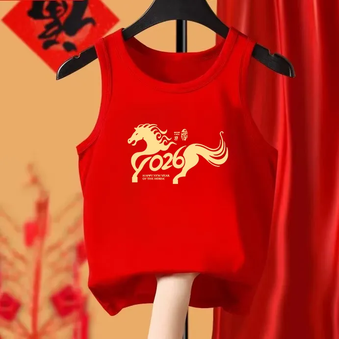 儿童红色背心马年纯棉女童男童内穿本命年新年宝宝无袖过年衣服