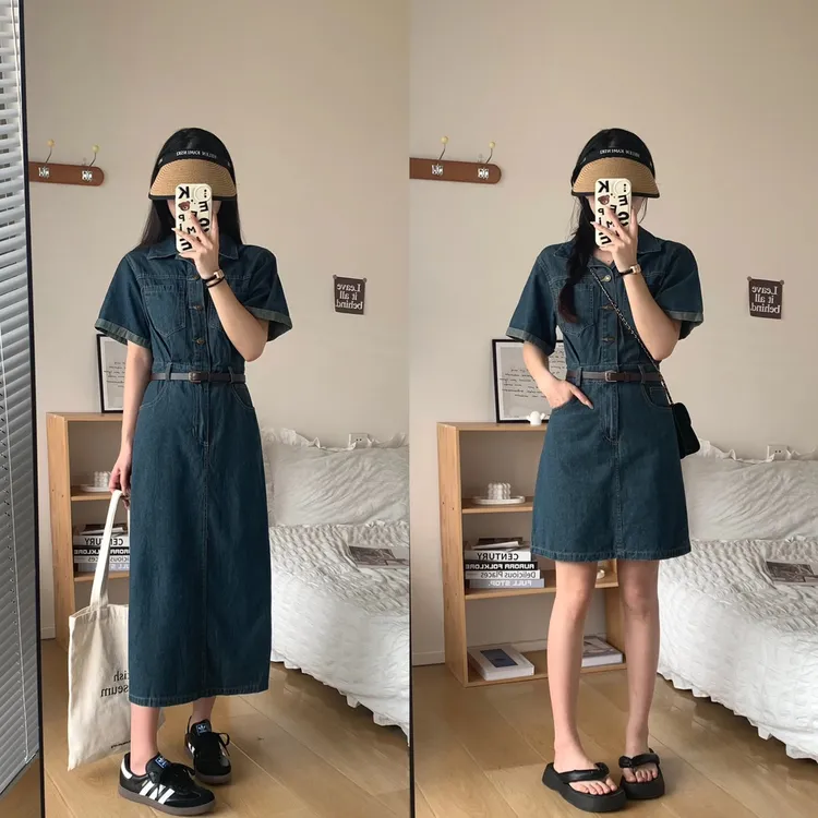 夏季新款休闲气质短袖牛仔连衣裙女收腰高级感复古chic小个子长裙