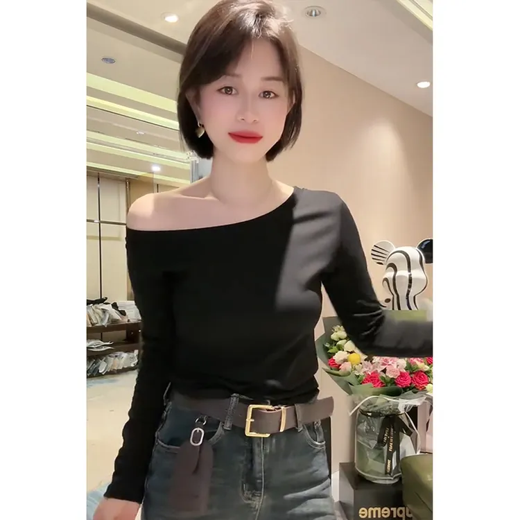 韩版纯欲风斜领露肩洋气长袖T恤女2025早秋新款修身显瘦减龄上衣