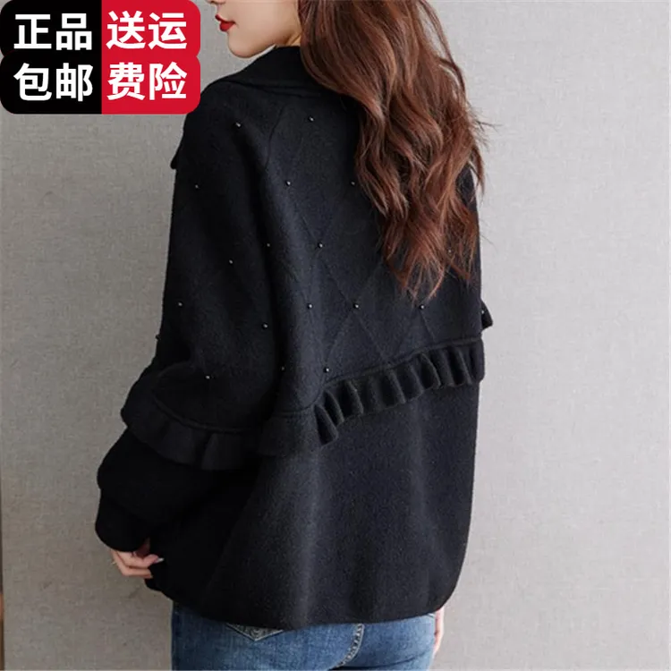 时尚集团黑色呢子大衣翻领短外套2025新款秋冬女短款宽羊毛百搭
