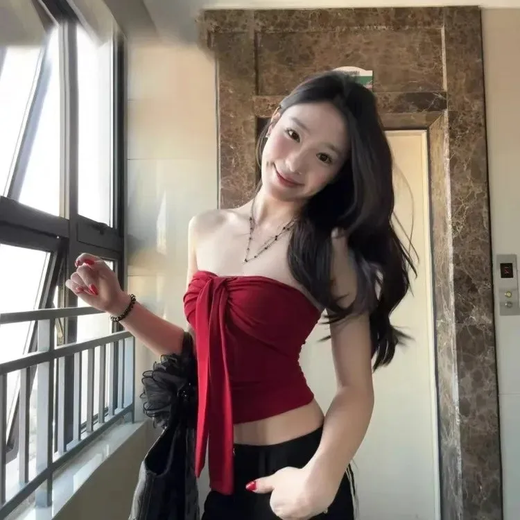 美式辣妹红色飘带抹胸背心女夏季2025新款内搭外穿设计感无袖上衣