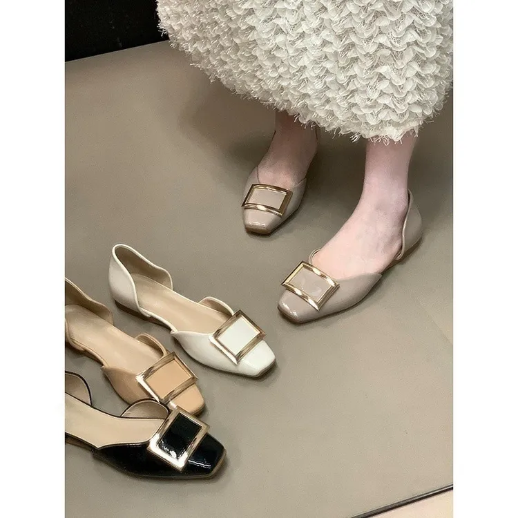 单鞋时尚方扣中空平底鞋女浅口一脚蹬玛丽珍鞋法式通勤